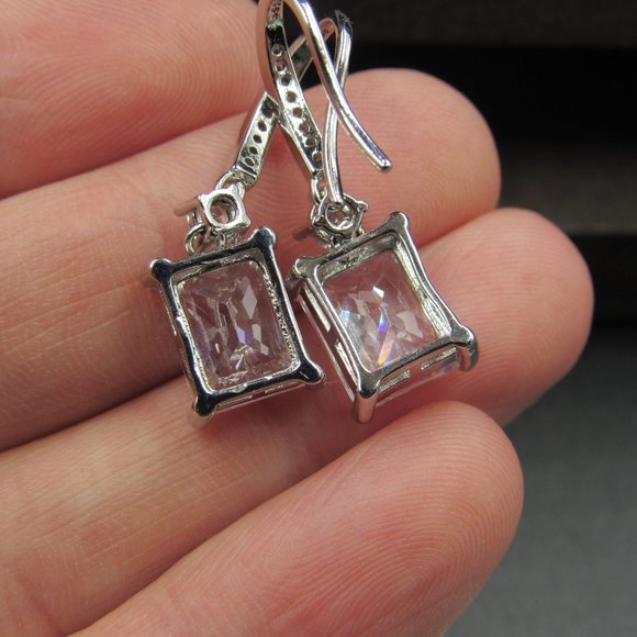Sterling Silver Clear Cubic Zirconia Rectangle Gem Earrings Vintage - Picture 6 of 9